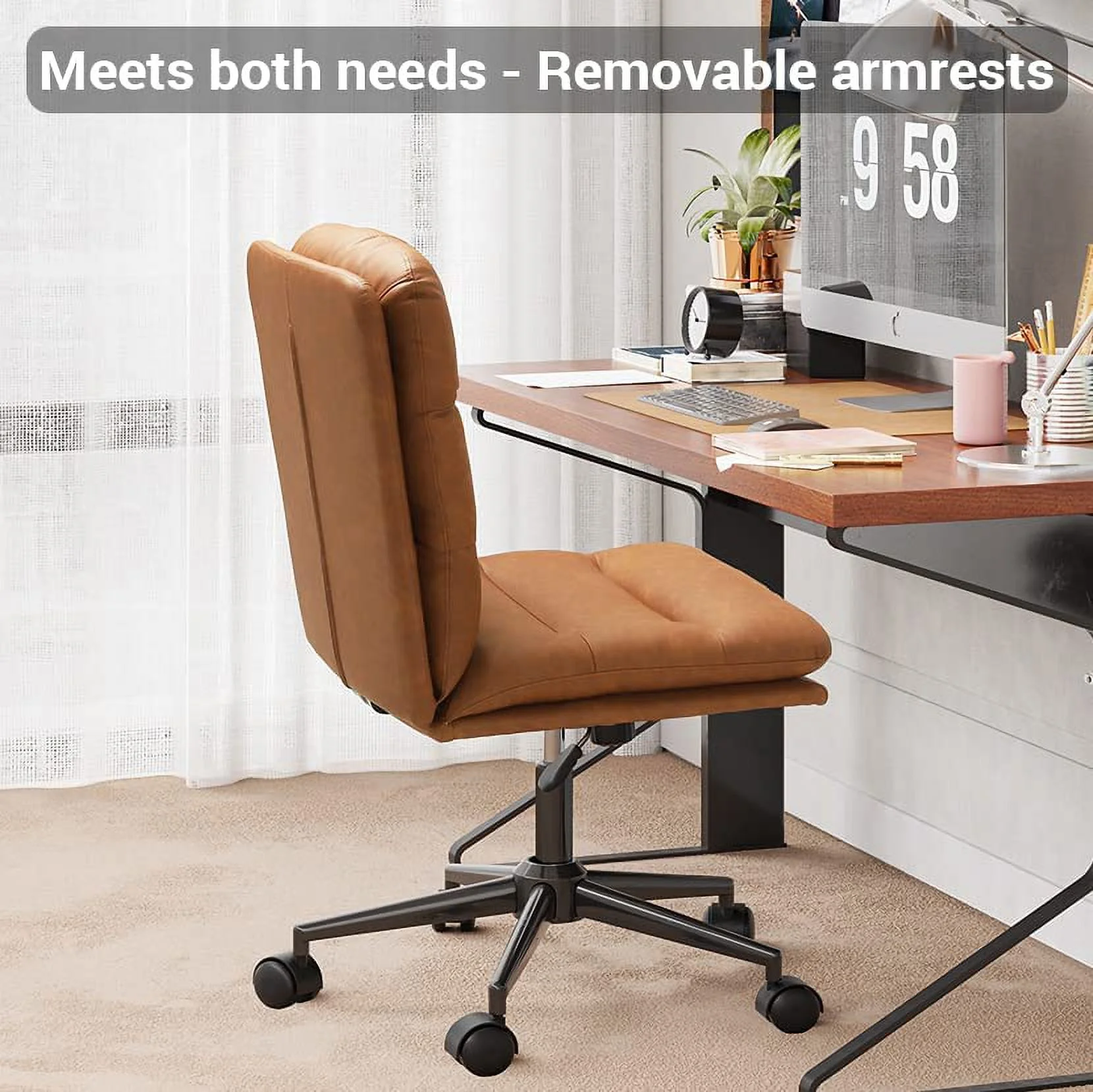 YOJFOTOOU. Leather Office Chair Brown Desk Chair Mid Century Home Office Desk Chair with Arms, Adjustable Back 40°, Capacity 400lbs