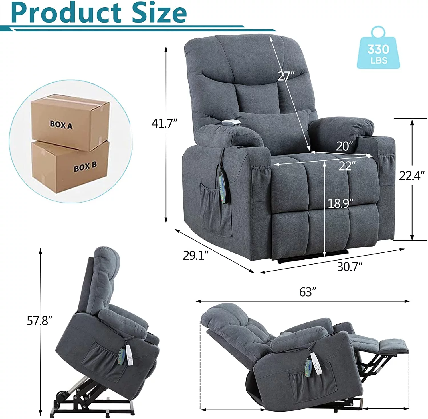 IPKIG Electric Power Lift Recliner Chair Sofa with Heat and Vibration, Lift Recliner Chairs for Elderly with Lumbar Pillow, Hand Remote Control, USB Ports, Cup Holders and 4 Pockets, Fabric (Blue)