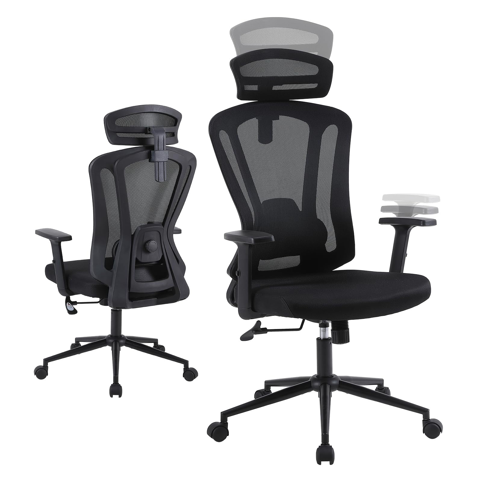 Ergonomic Home Office Chair(300lbs), High Back Desk Chair with Adjustable Lumbar Support, 2D Armrest and Headrest, Black Mesh Computer Gaming Chair with Tilt Function