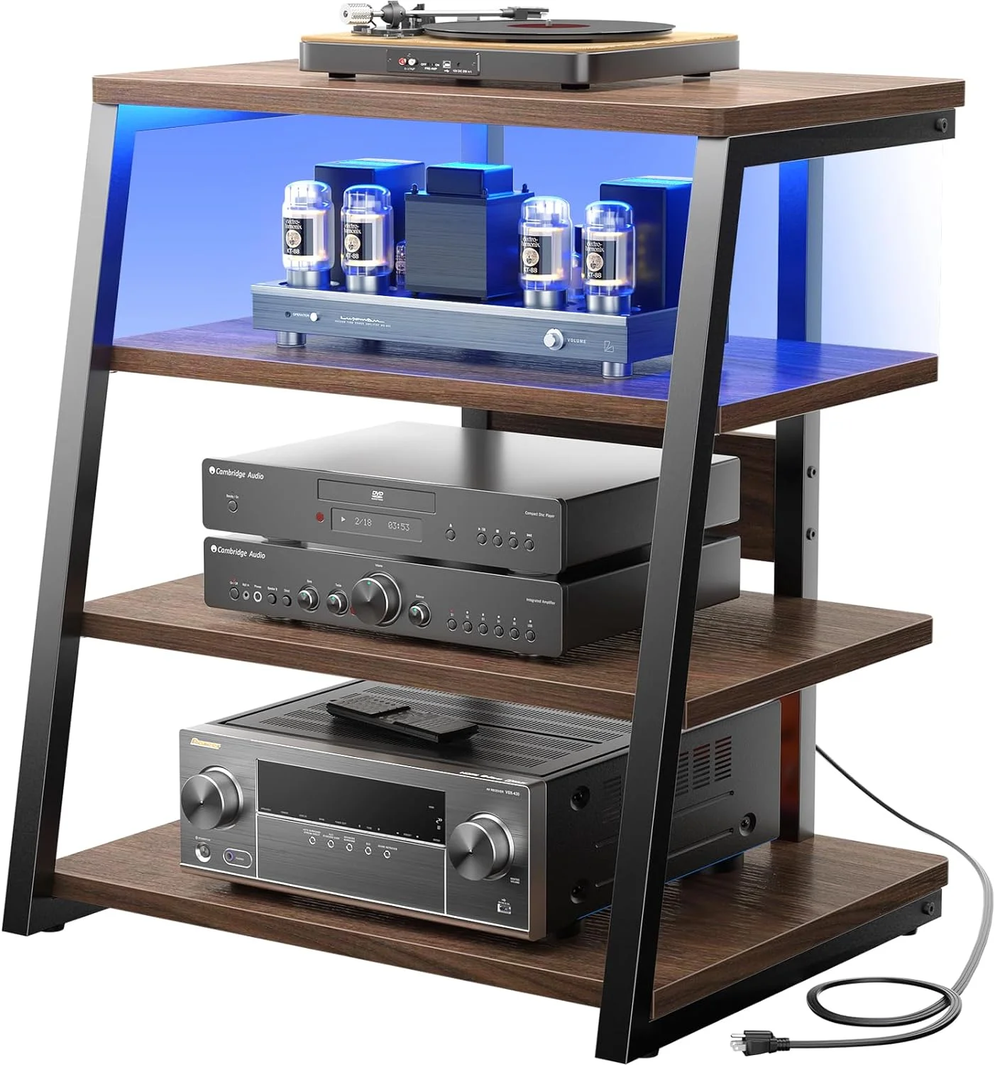 YINCHEN 4-Tier AV Media Stand with Power Strips, Corner TV Stand with LED Lights, Rack Audio Tower with Adjustable Shelves, Corner Entertainment Center, 30'', Black Walnut