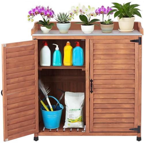 Outdoor Potting Bench with Metal Work Top - Waterproof Garden Storage Cabinet, Wooden Tool Station Shed for Backyard, Patio, Lawn Gardening (Coffee, 18