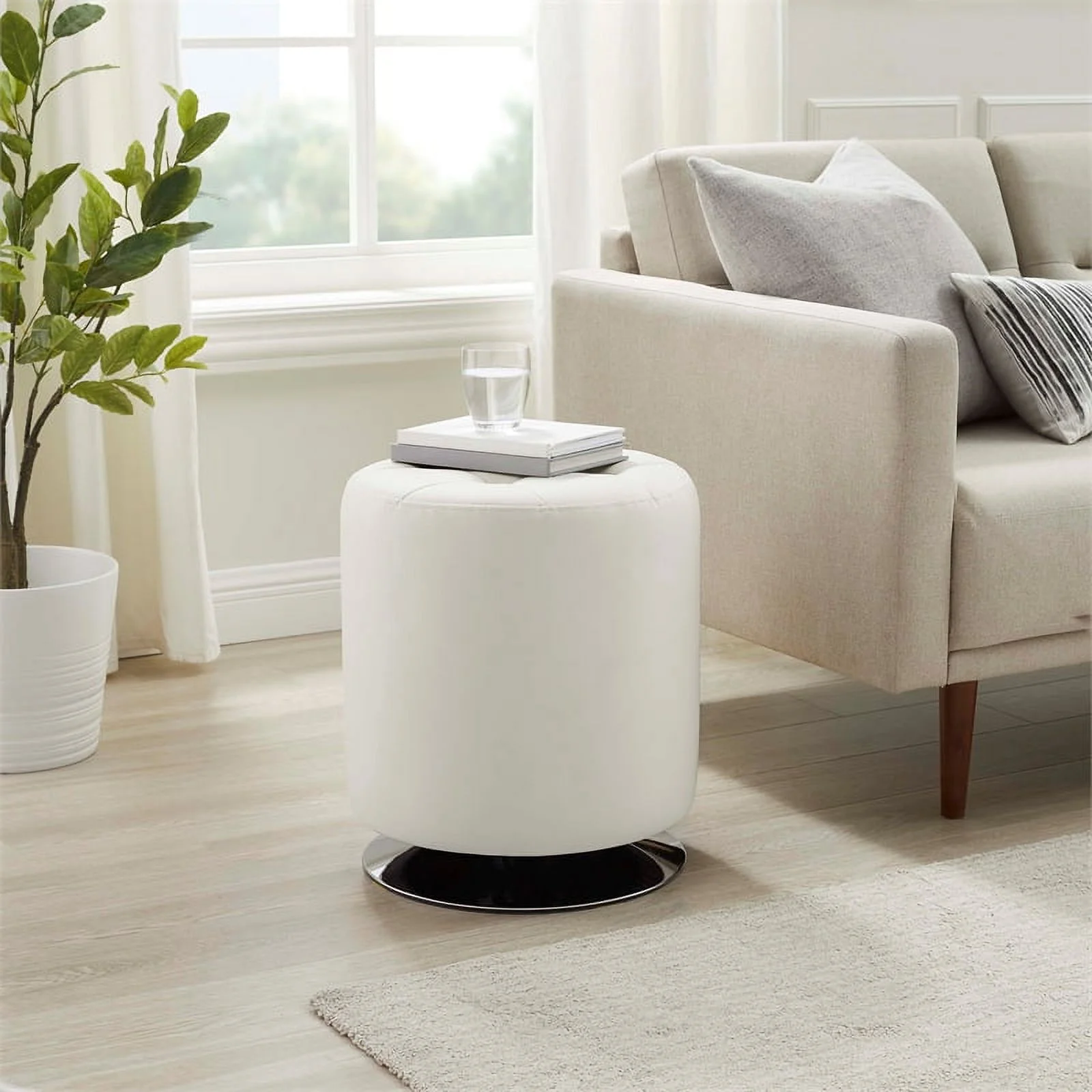 Bowery Hill Modern Round Faux Leather Swivel Ottoman in White