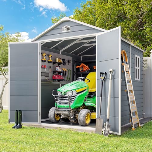 Gizoon 6x4 FT Outdoor Storage Shed with Floor, Resin Garden Tool Shed with Lockable Doors, Window, Vents, Reinforced Steel Frame, Waterproof Plastic Storage Sheds for Backyard, Patio, Lawn