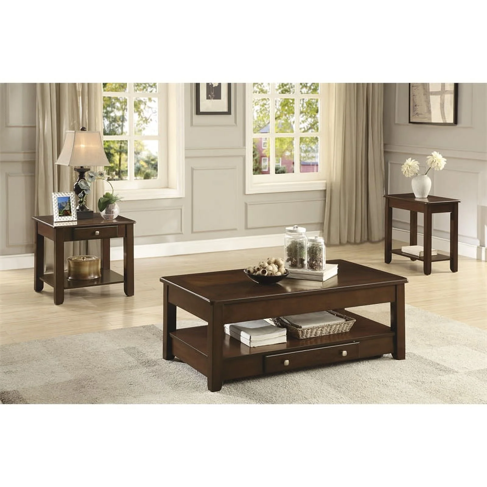 Home Square Wood 1 Drawer End Table in Dark Cherry - Set of 2