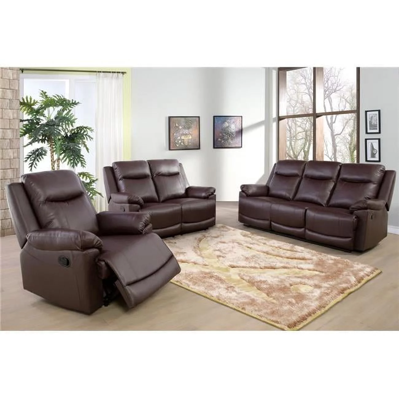 Lifestyle Furniture LSFGS4781 3 Piece Reclining Living Room or Office Sofa Set, Bonded Leather - Brown