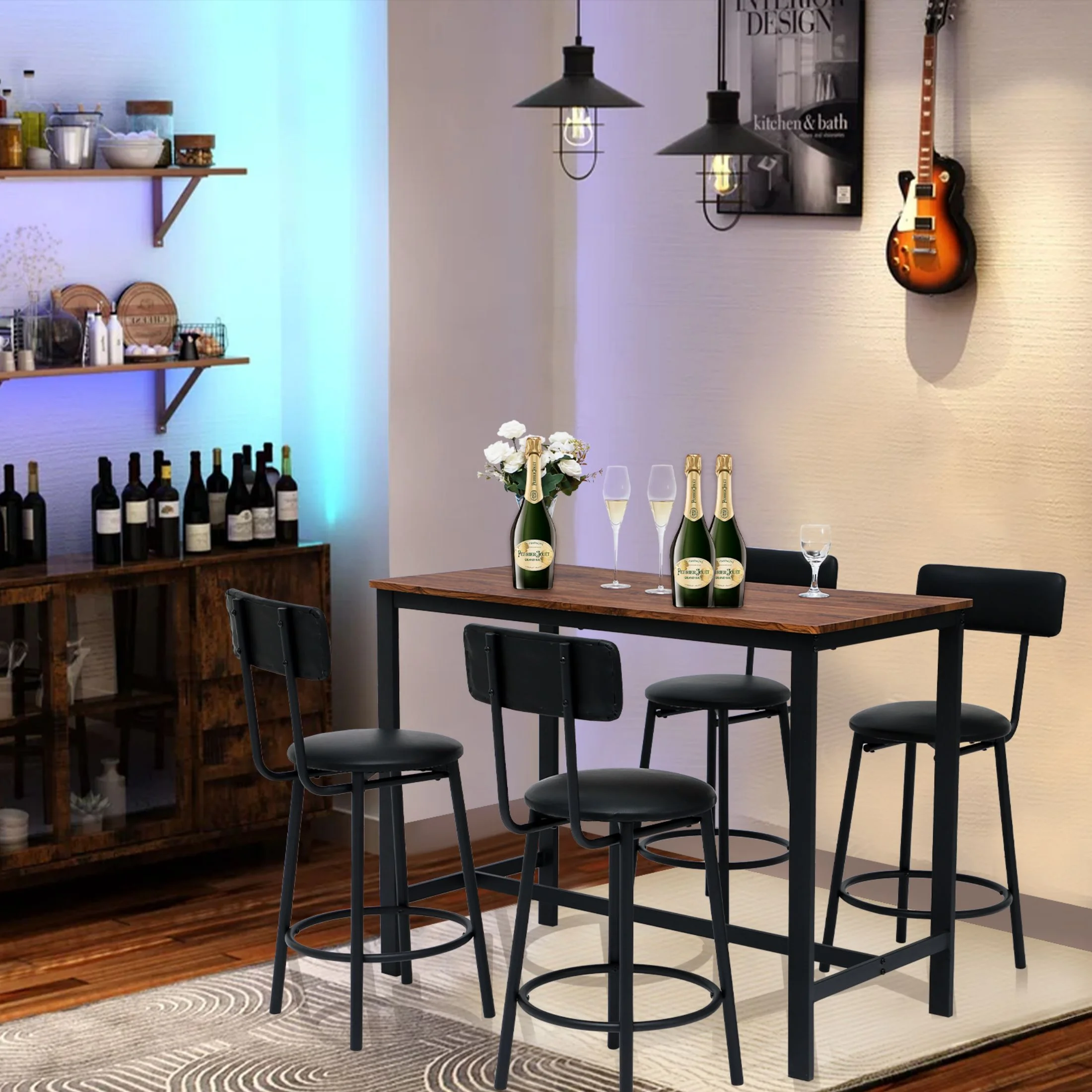 TPHORK Bar Table and Chairs Set for 4, 5 Pieces Kitchen Pub Table with 4 Upholstered Stools, Bar-Height Dining Table and Chairs Set, Space Saving Furniture Set for Kitchen,Living Room,Bar,Small Spaces