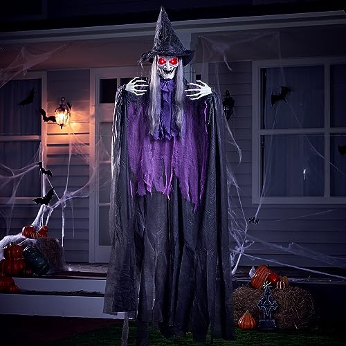 JOYIN 72” Hanging Witch Decor Halloween Decorations Outdoor, Flying Life Sized Sound Activated Light Up Eyes Party Supplies for Garden Haunted House Front Porch Door Scary Old World