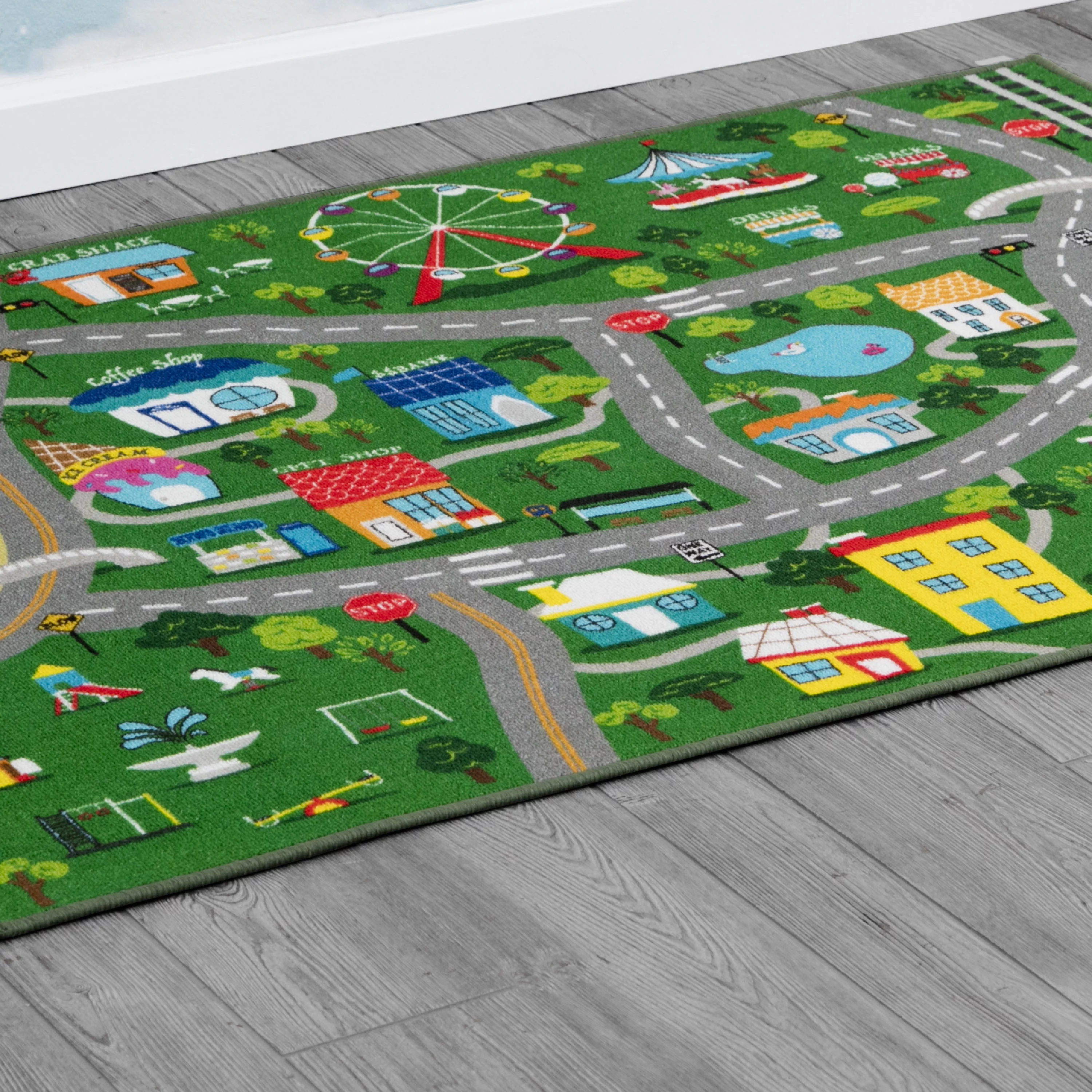 Delta Children Kids Large Road Map Activity Rug, 54-inch L x 39-inch W, Beach Town/Green