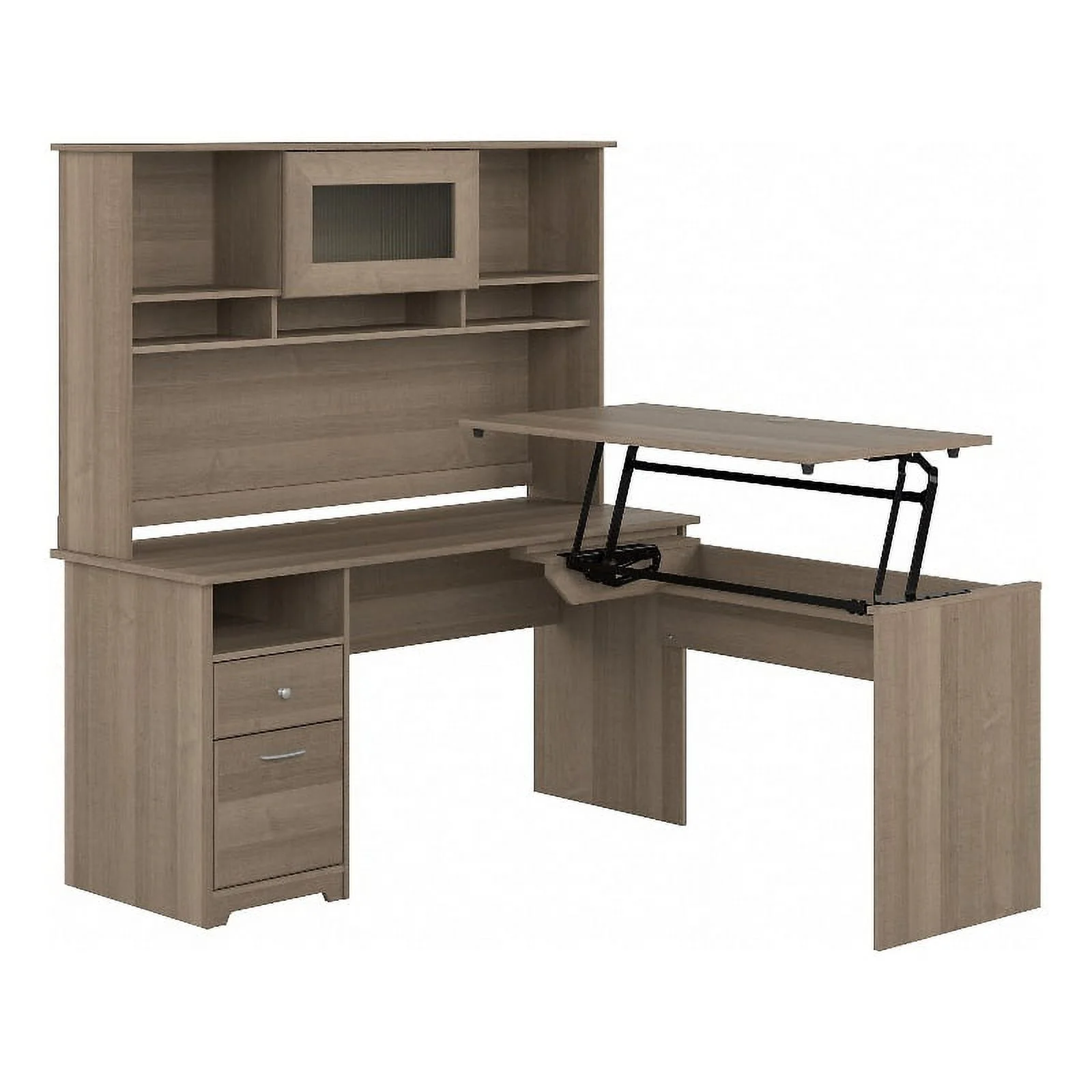 Pemberly Row 60W Sit to Stand L Desk with Hutch in Ash Gray - Engineered Wood