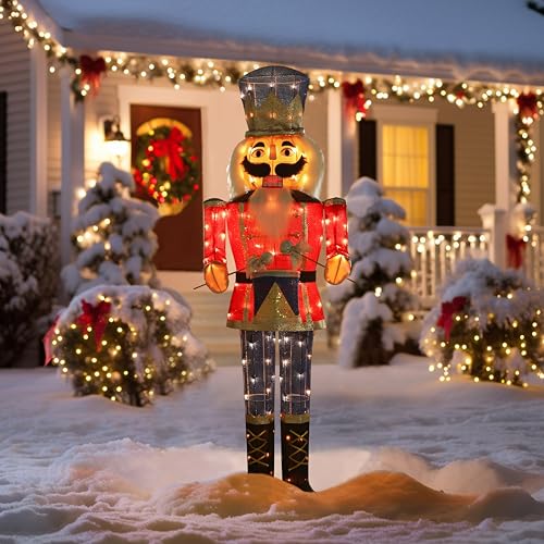 MUPATER 5FT Outdoor Lighted Nutcracker Christmas Decoration, Nutcracker Soldier Holiday Decor Set with Drum, Ground Stakes and Zip Ties, Nutcracker Christmas Decor for Front Door, Porch and Party