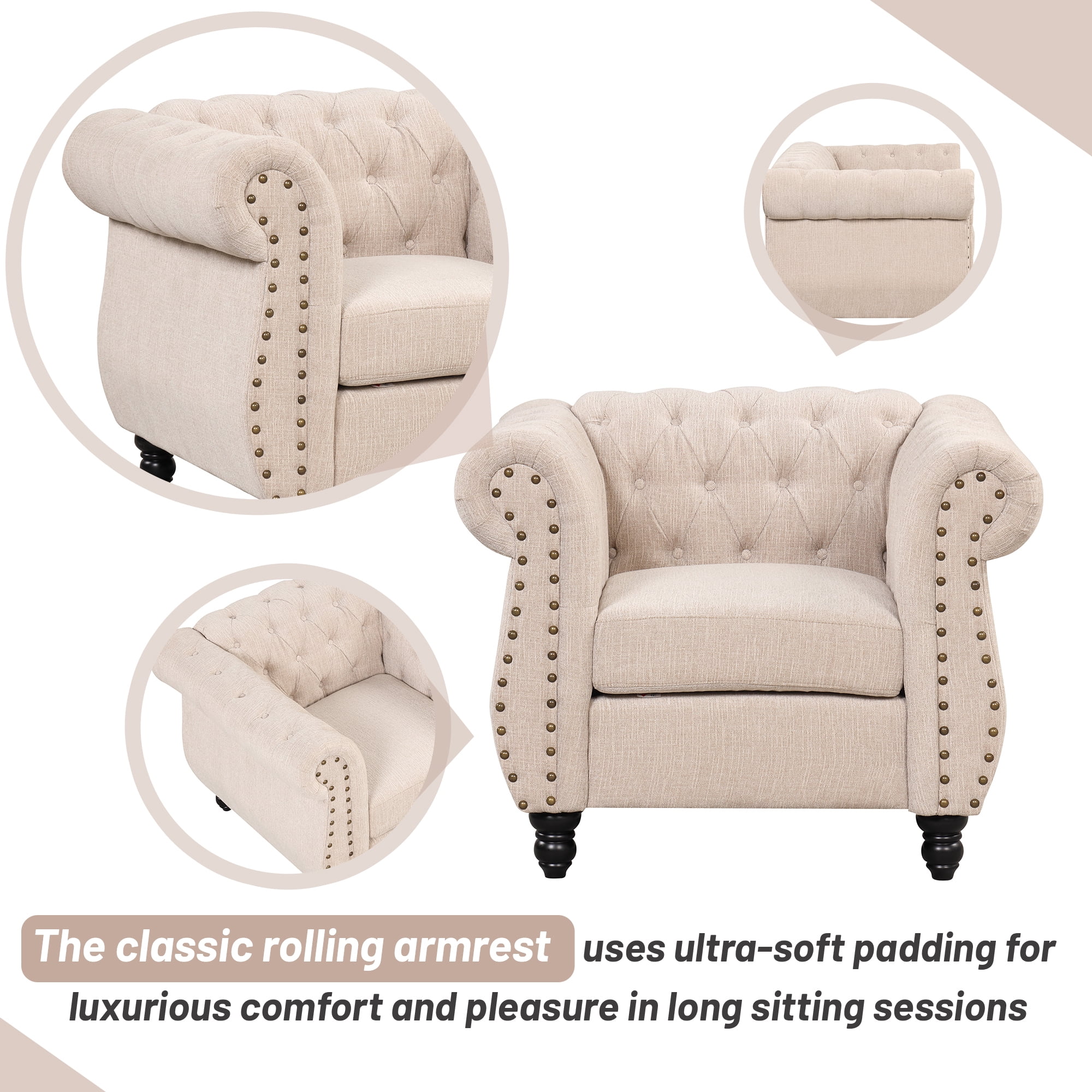 Modern three-piece sofa set with solid wood legs, button-down tufted backrest, Dutch velvet upholstered sofa set including three-seater sofa, two-seater and living room furniture set Single chair