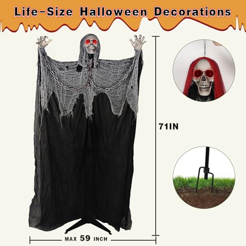 71'' Life Size Halloween Decorations Outdoor, Electric Skeleton with Glowing Eyes Sound Adjustable Arms Swaying Body Voice/Touch Sensing, Halloween Animatronics for Indoor Yard Lawn Decor
