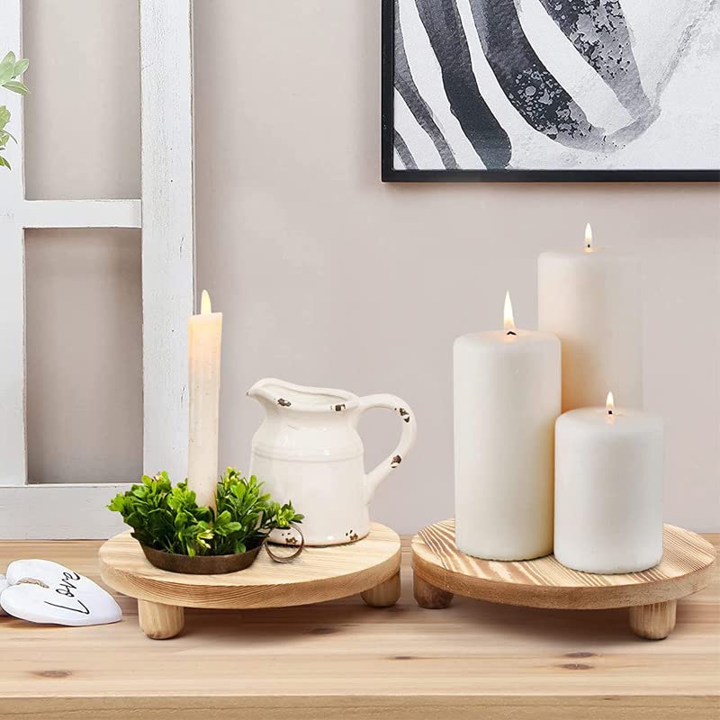 Wood Riser for Decor, 2 Pack Wood Pedestal Stand for Display, Round Wooden Tray for Kitchen Counter, Wooden Pedestal Stand for Plant Pot Indoor
