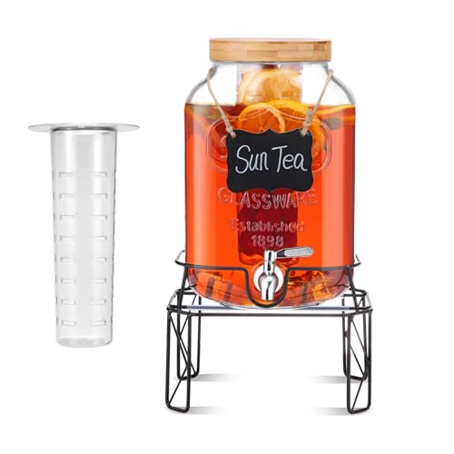 2 Gallon Drink Dispensers with Stand, Glass Beverage Dispenser with Stainless Steel Spigot and Bamboo Lid,Lemonade Dispenser,Glass Drink Dispensers for Parties, Weddings