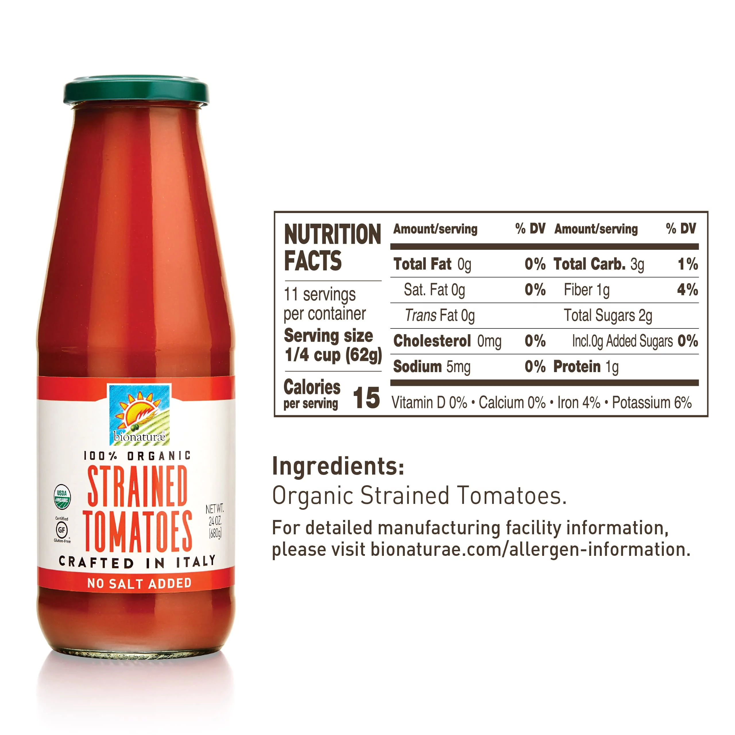 Bionaturae Organic Strained Tomatoes - No Salt Strained Tomatoes, Strained Tomatoes in a Jar, Keto Friendly, Non-GMO, USDA Certified Organic, No Added Sugar, Made in Italy - 24 Oz, 6 Pack