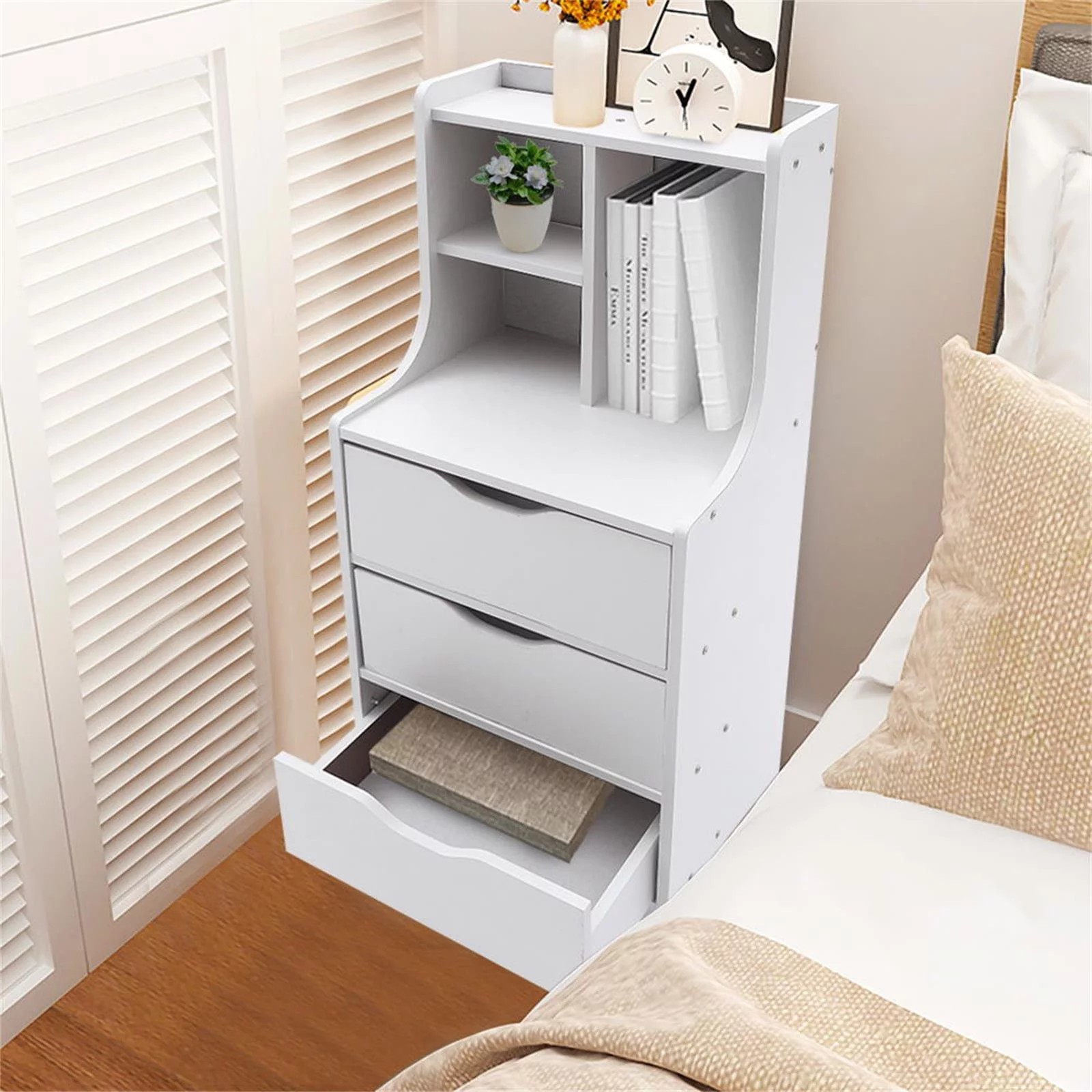 Wuzstar 3 Drawers Nightstand Modern White Dresser Wood End Table Bedside Shelf for Living Room Bedroom