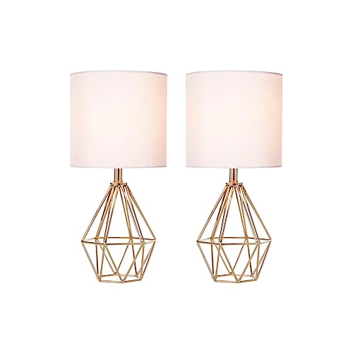 COTULIN Set of 2 Gold Bedroom Small Table Lamp,Modern Bedside Nightstand Lamps with Geometric Metal Base White Fabric Shade,Cute Desk Lamp for Kids Living Room