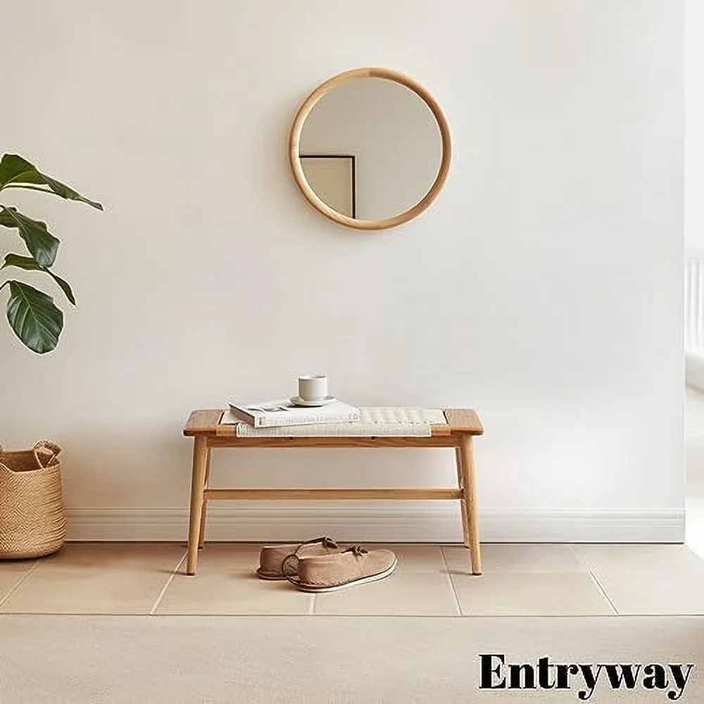 YZboomLife Wood Dining Bench 100% Natural Solid Oak Bed Bench with Rattan Design  Rounded Edge  Bench for Entryway Hall  Dining Room Bedroom  Living Room (Beige Color  31.49 inch)