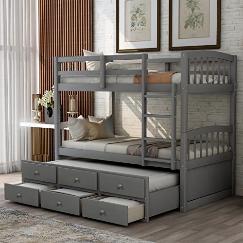 Harper & Bright Designs Twin Over Twin Bunk Bed with Trundle, Wooden Bunk Bed with 3 Storage Drawers and Safety Rail, Can be Convertible to 2 Beds, No Box Spring Required (Gray)