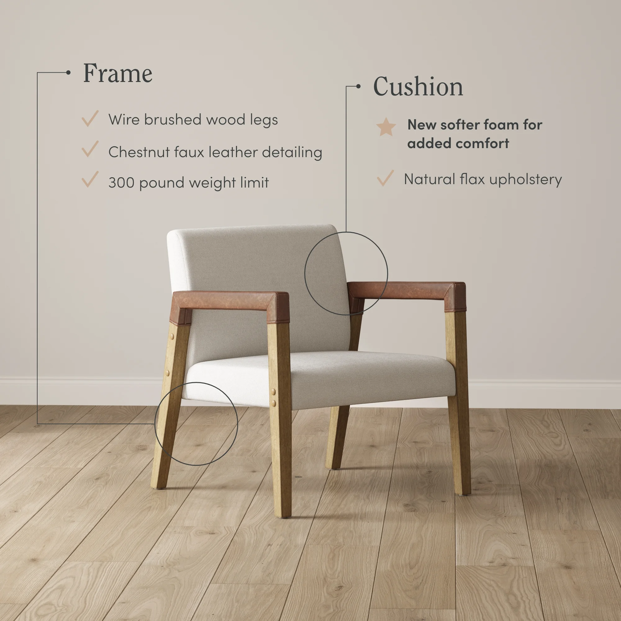 Nathan James Hudson Natural Flax Upholstered Accent Chair with Arms Wrapped in Chestnut Brown Faux Leather