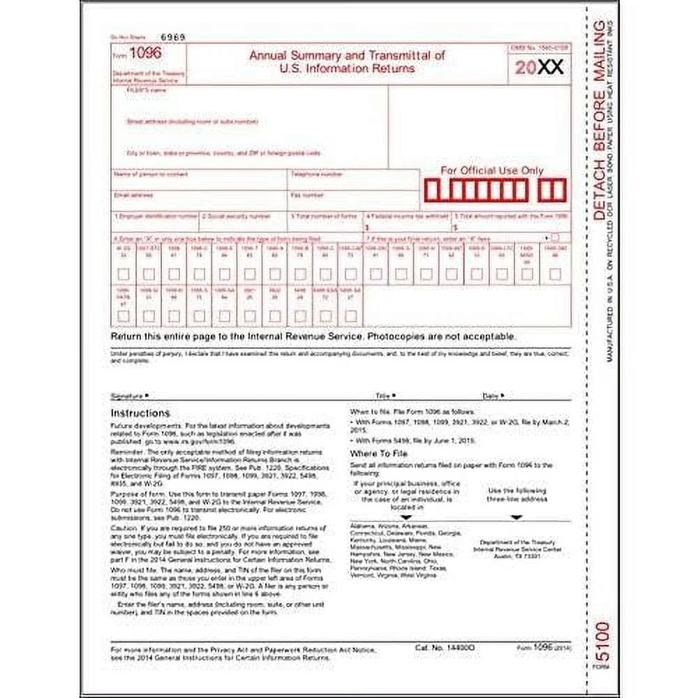 IRS Approved 1096 Laser Transmittal/Summary Red Form - 5 Pack