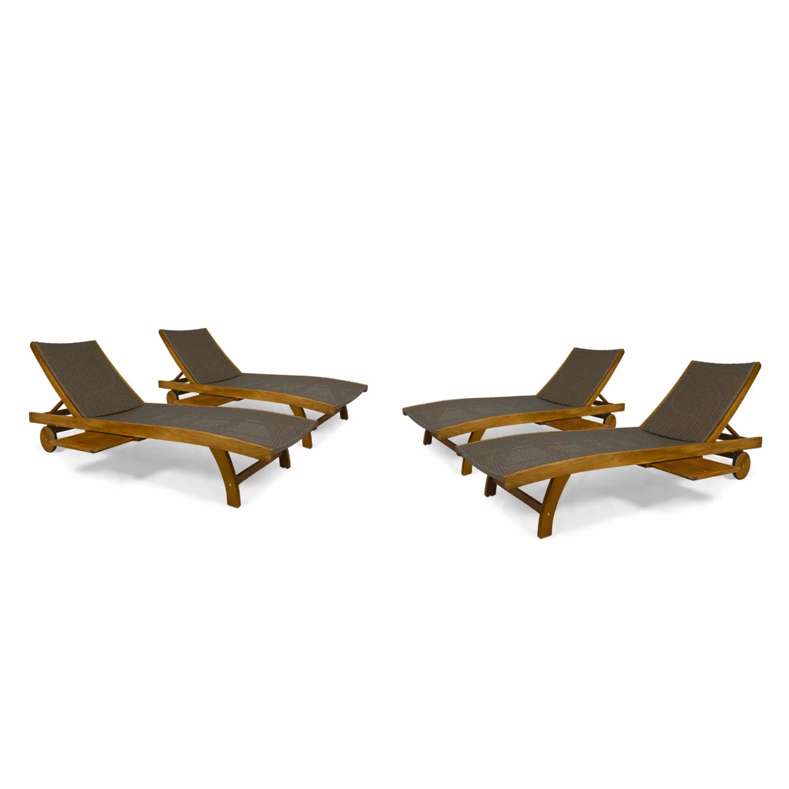 Callister Outdoor Wicker and Wood Chaise Lounge with Pull-Out Tray- Set of 4 - Teak and Brown