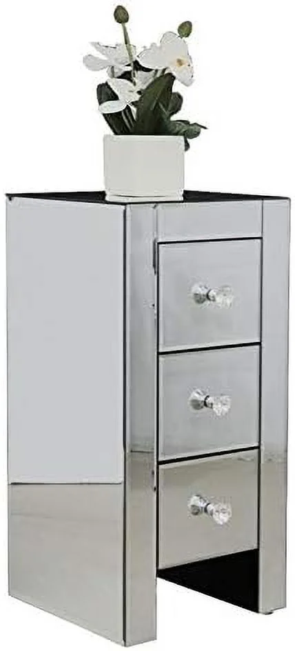 RUNFAYBIU Mirrored Nightstand  Mirrored End Table with 3 Drawers and Crystal-Style Knobs   Mirrored Bedside Table for Bedroom  Living Room  Small Place  Silver  11.81" L x 11.81"