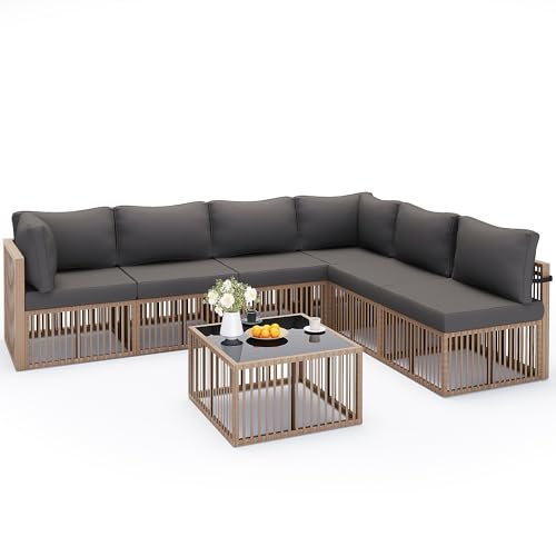 Pamapic 7 Pieces Outdoor Sectional Furniture，Wicker Patio sectional Furniture Sets，All-Weather Rattan Sectional Sofa Conversation Set with Coffee Table and Washable Couch Cushions Covers