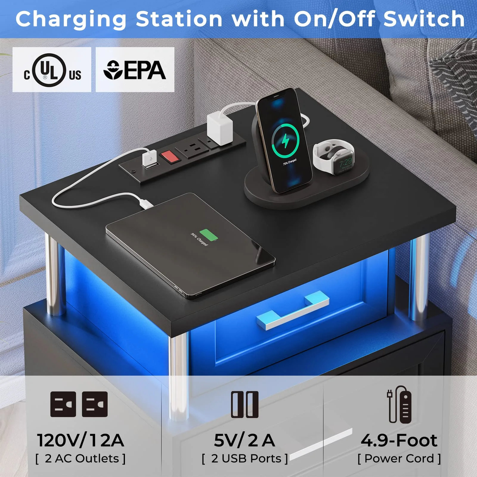 LED Nightstand Set of 2 with Charging Station, Modern End Side Table with 3 Drawer, Black