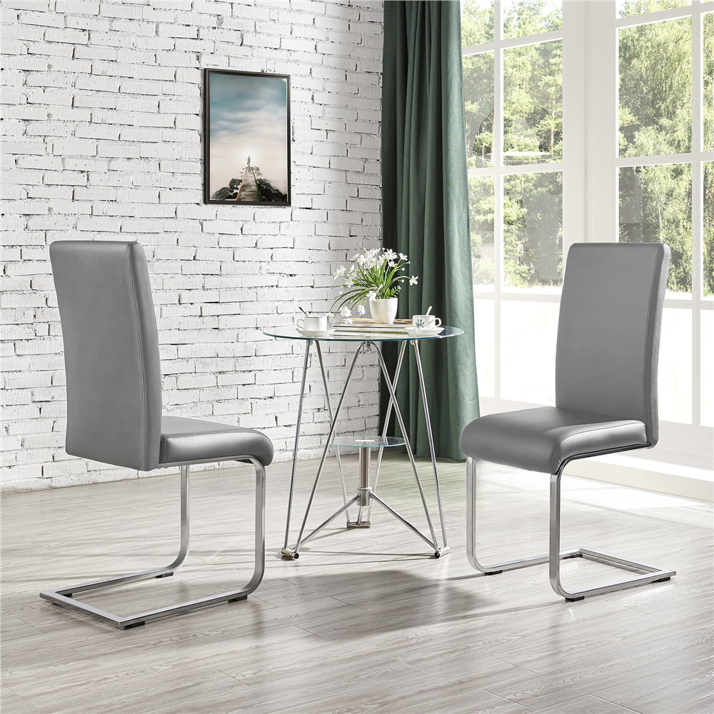 Easyfashion Modern Set of 2 PU Leather Dining Chair, Light Gray