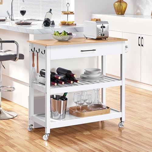 Yaheetech Kitchen Island Cart on Wheels with Bamboo Tabletop, 3-Tier Rolling Kitchen Island Microwave Cart with Drawer, Detachable Towel, 3 Hooks, 17