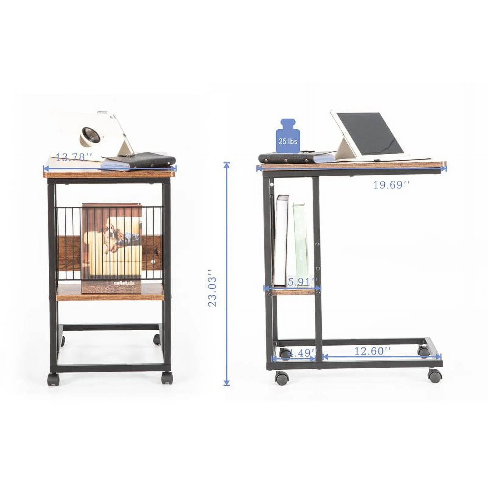 Eden Home Modern Wood End C Table with Magazine Holder in Rustic Brown