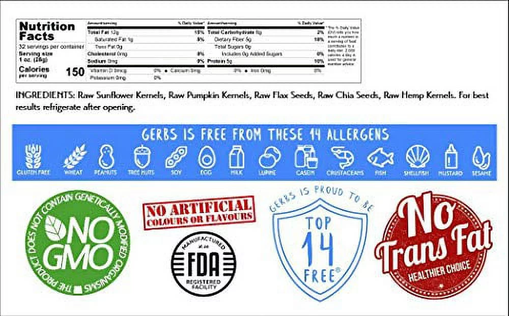 Pumpkin, Sunflower, Chia, Flax, Hemp Seed Raw Mix by Gerbs - 2 LBS. - Top 14 Food Allergen Free & NON GMO - Vegan & Kosher