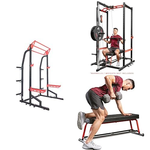 Sunny Health & Fitness Power Zone Half Rack Heavy Duty Performance Power Cage with J-Hooks, Adjustable Pull Up Bar Optional Bench with Dumbbell Rack, Premium Incline Bench, LAT Pull Down Attachment