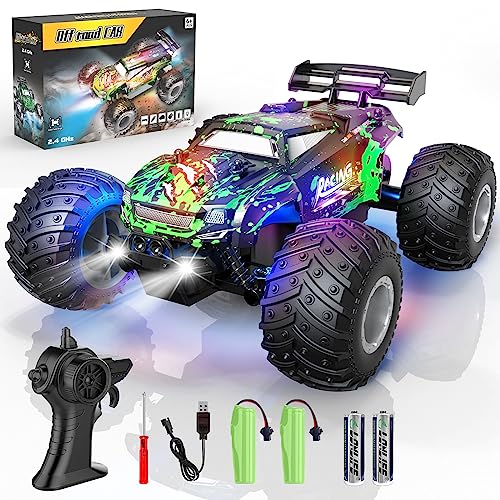 Remote Control Car, 1:18 Scale All Terrain RC Cars, 2WD 20Km/h with Colorful LedLight and Two Rechargeable Batteries, Remote Control Monster Truck Off Road Racing Car Toys for Kids and Boys