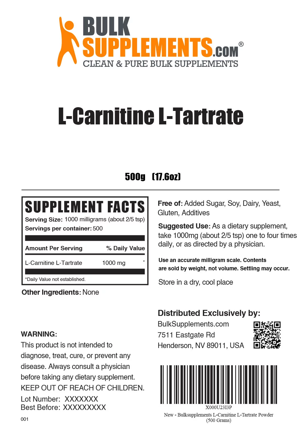 BulkSupplements.com L-Carnitine L-Tartrate Powder - Pre-Workout Energy Fat Burn - L Carnitine Bulk - L-Carnitine 500mg (500 Grams - 1.1 lbs)