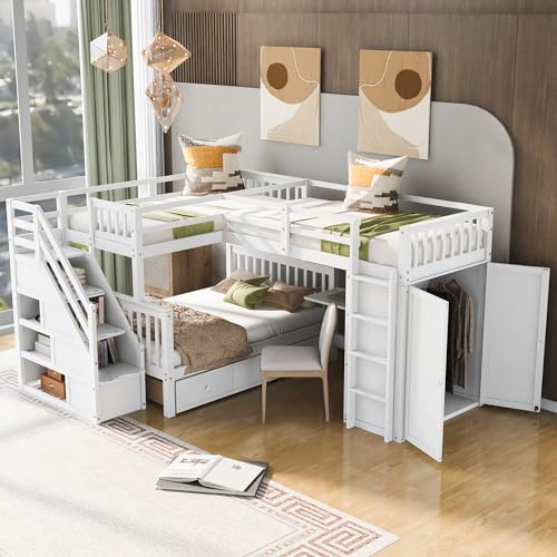 Merax L-Shaped Triple Bunk Bed with Desk & Stairs, Twin & Twin Over Full Bunk Bed for 3, Storage Drawers and Wardrobe Included, for Adults, Boys & Girls, White