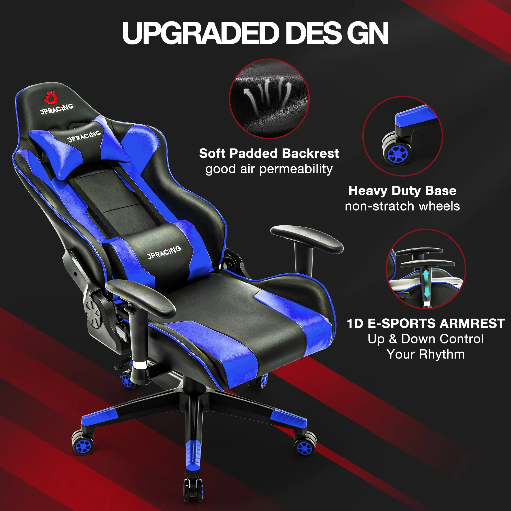 JONPONY Gaming Chair Office Chair PU Leather with Adjustable Headrest,Blue