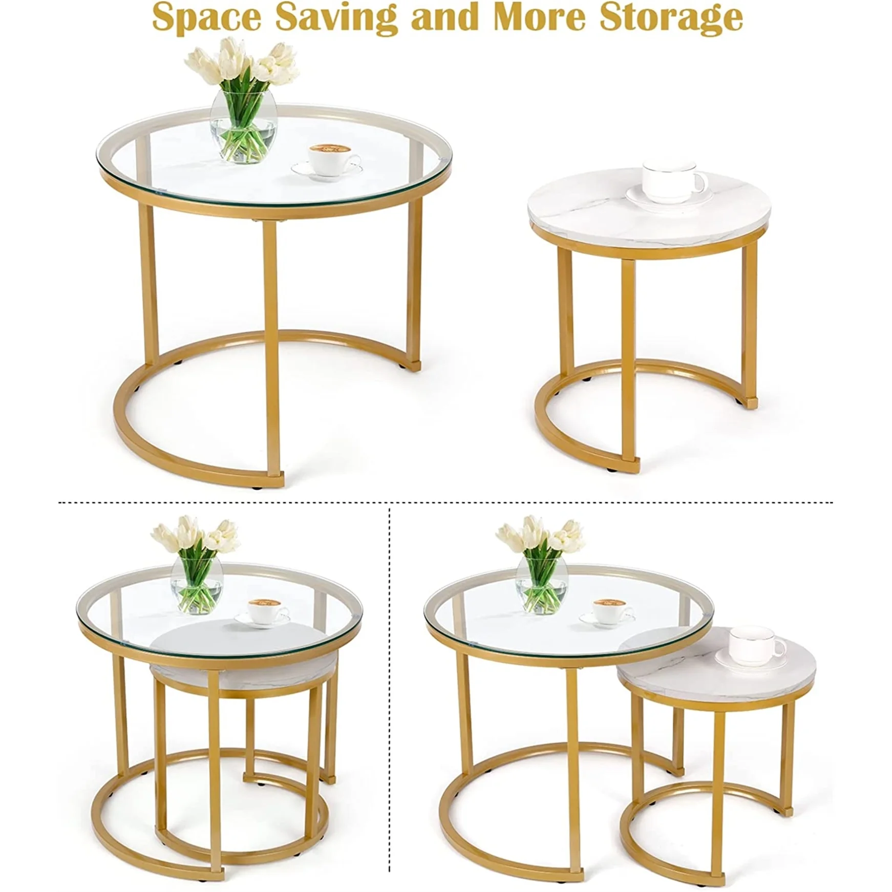 Modern Round Nesting Tables with Metal Frame (Set of 2) (White & Black)