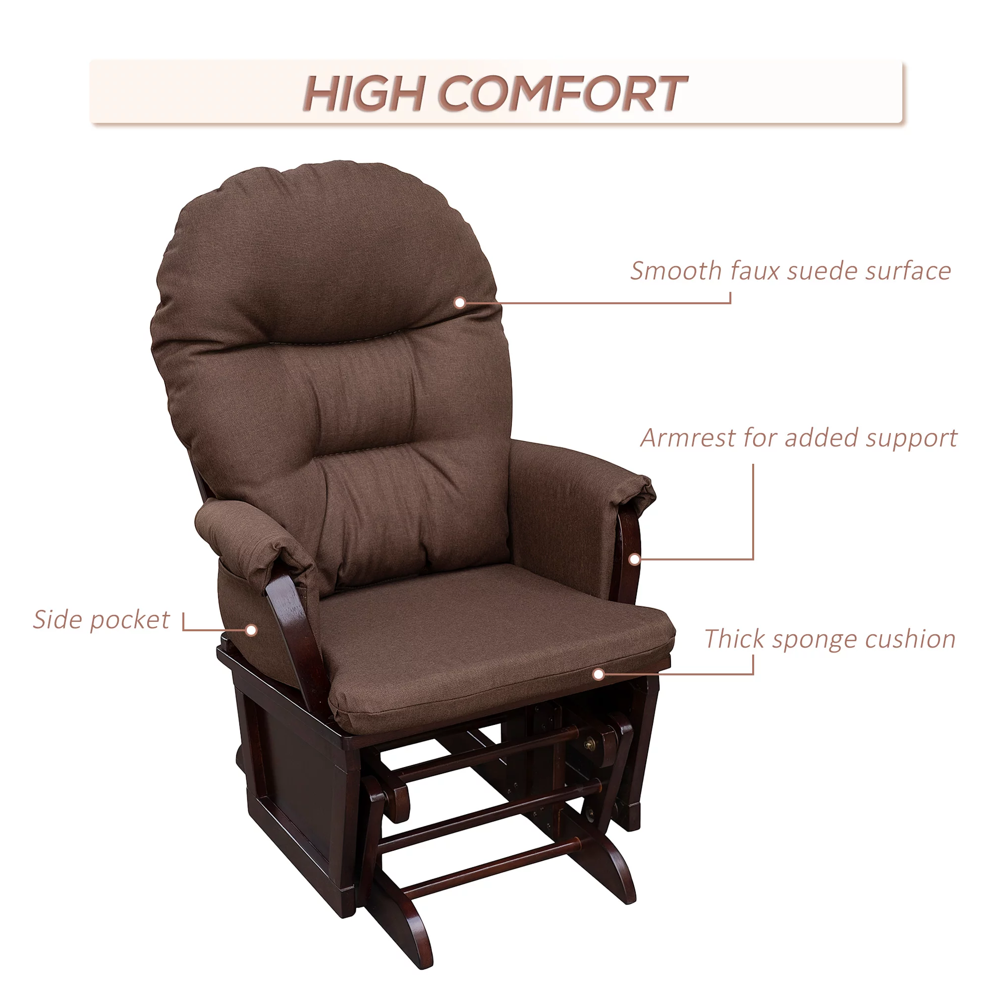 HOMCOM Nursery Glider Rocking Chair with Ottoman, Thick Padded Cushion Seating and Wood Base, Brown