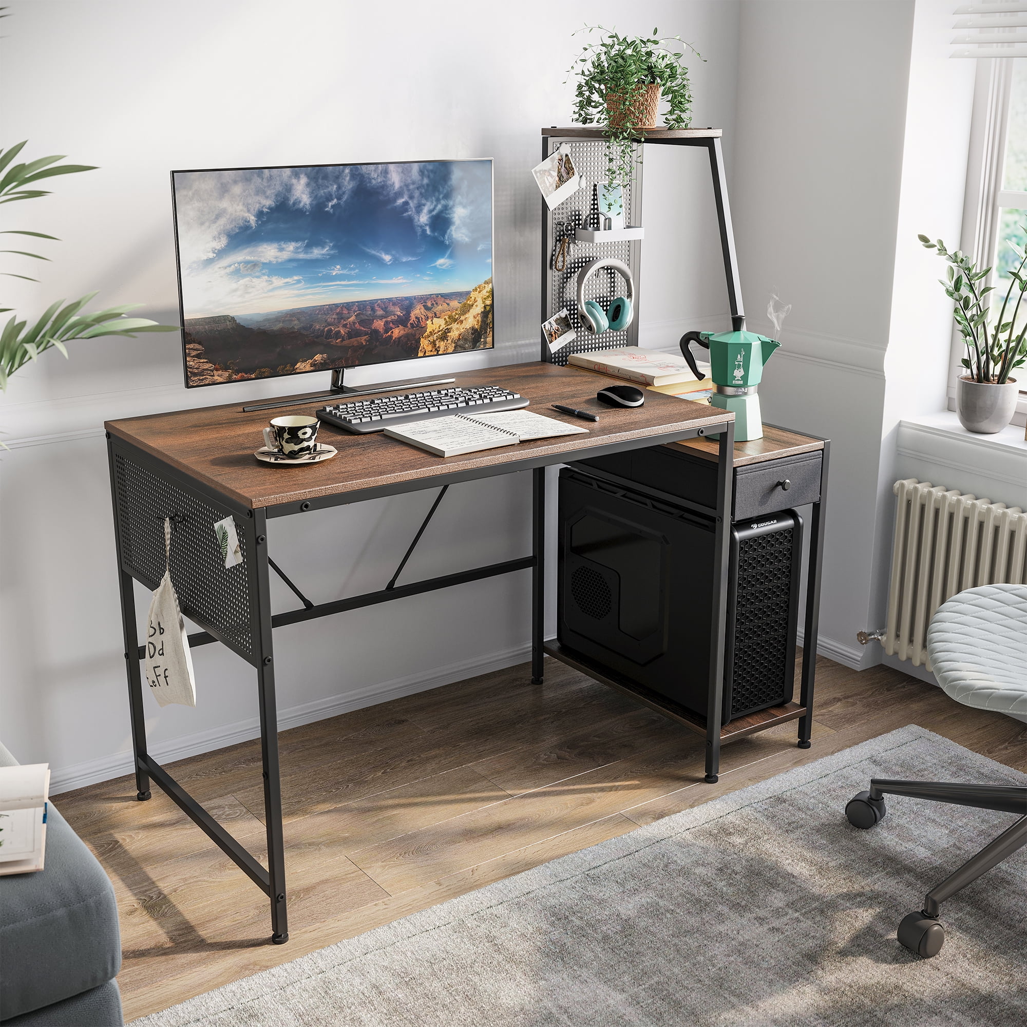 LINSY HOME 48 Inch Computer Desk with Shelves - Study Writing Table for Home Office with A Storage Drawer, Modern Simple Style PC Desk,Dark Brown