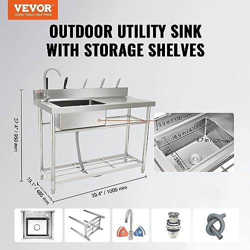 VEVOR Stainless Steel Utility Sink, 1 Compartment Free Standing Small Sink w/Workbench Faucet & legs, 39.4 x 19.1 x 37.4 in Commercial Single Bowl Sinks for Garage, Restaurant, Laundry