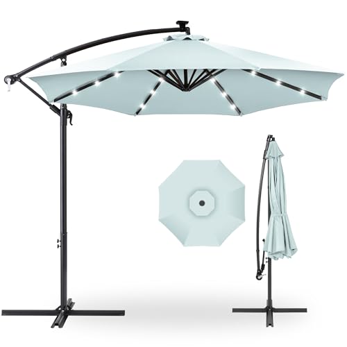Best Choice Products 10ft Solar LED Offset Hanging Market Patio Umbrella for Backyard, Poolside, Lawn and Garden w/Easy Tilt Adjustment, Polyester Shade, 8 Ribs - Black