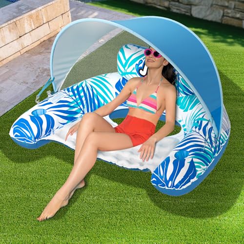 Pool Float for Adults with Canopy, XL Inflatable Chair Lounge Floaties with Adjustable Sun Shade Cover, Drink Holder, Ergonomic Headrest