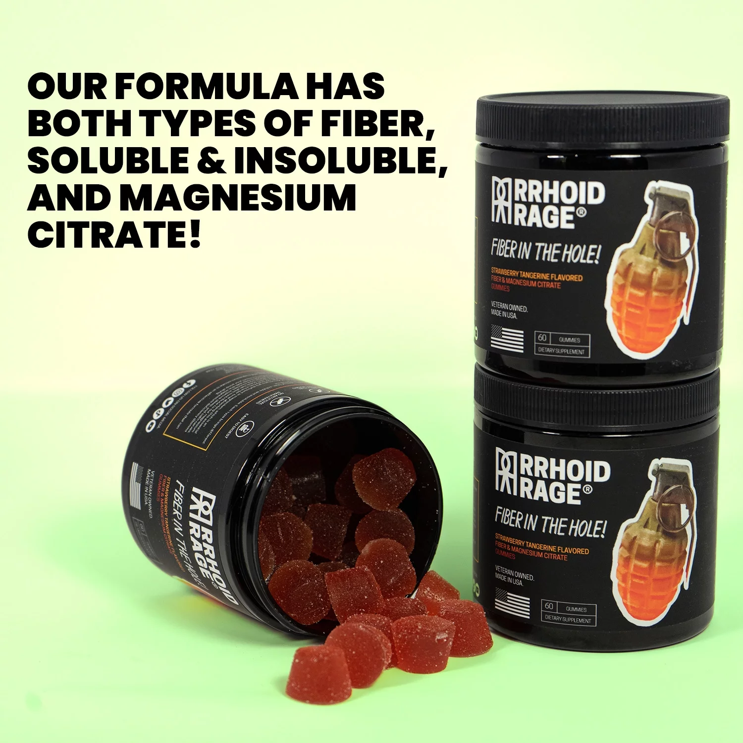 Rrhoid Rage - Fiber and Magnesium Gummies, Supports Digestive Health, Relieves Constipation, Helps Prevent Hemorrhoids, Has Both Soluble and Insoluble Fiber, Made in USA, 60 ct