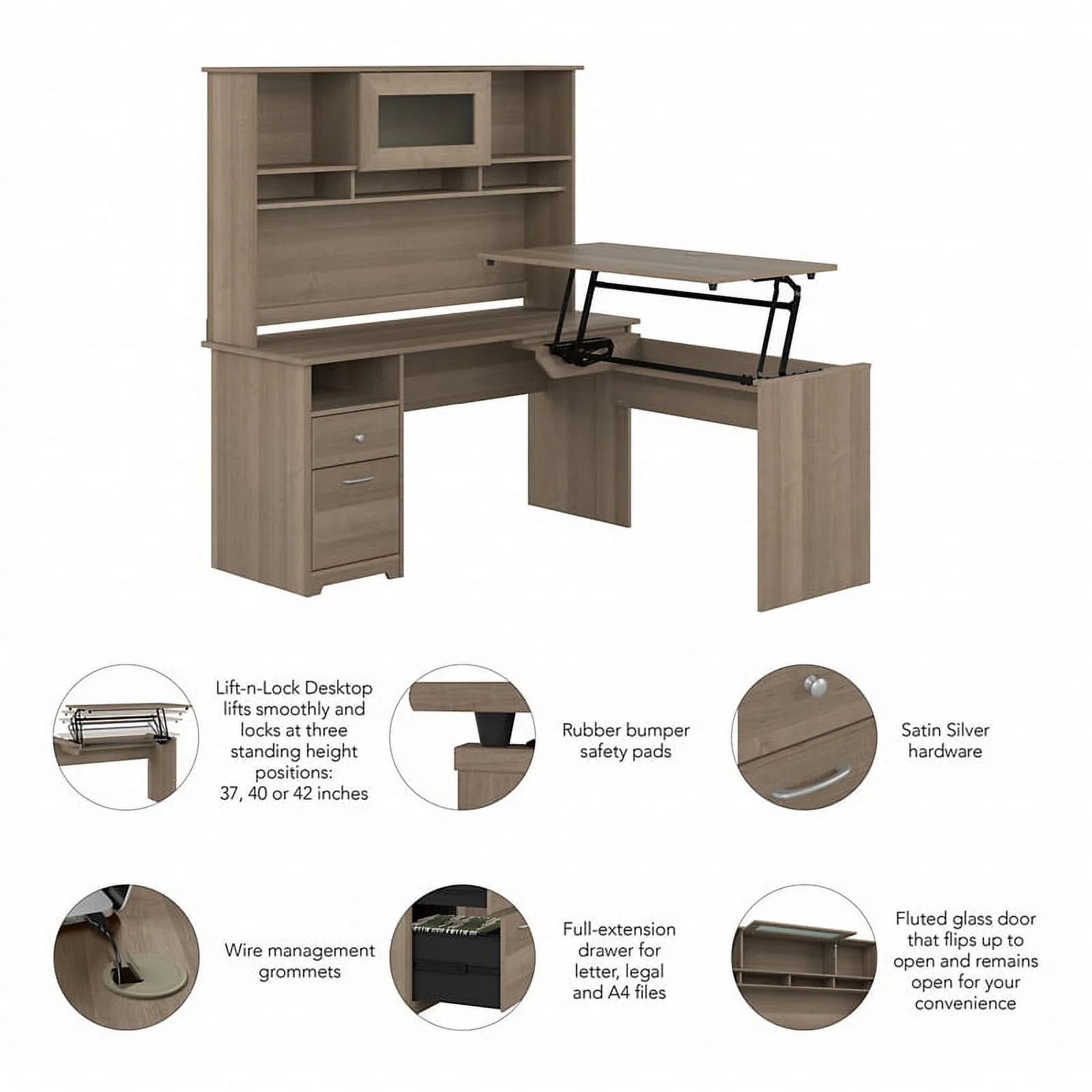 Pemberly Row 60W Sit to Stand L Desk with Hutch in Ash Gray - Engineered Wood