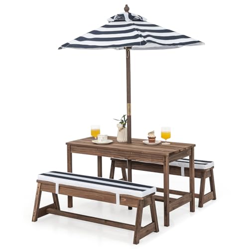 HONEY JOY Kids Picnic Table, Outdoor Wooden Table & Bench Set w/Removable Cushions and Umbrella, Stripe Fabric, Children Backyard Furniture for Patio Garden, Gift for Toddler Boys Girls Age 3+(Coffee)