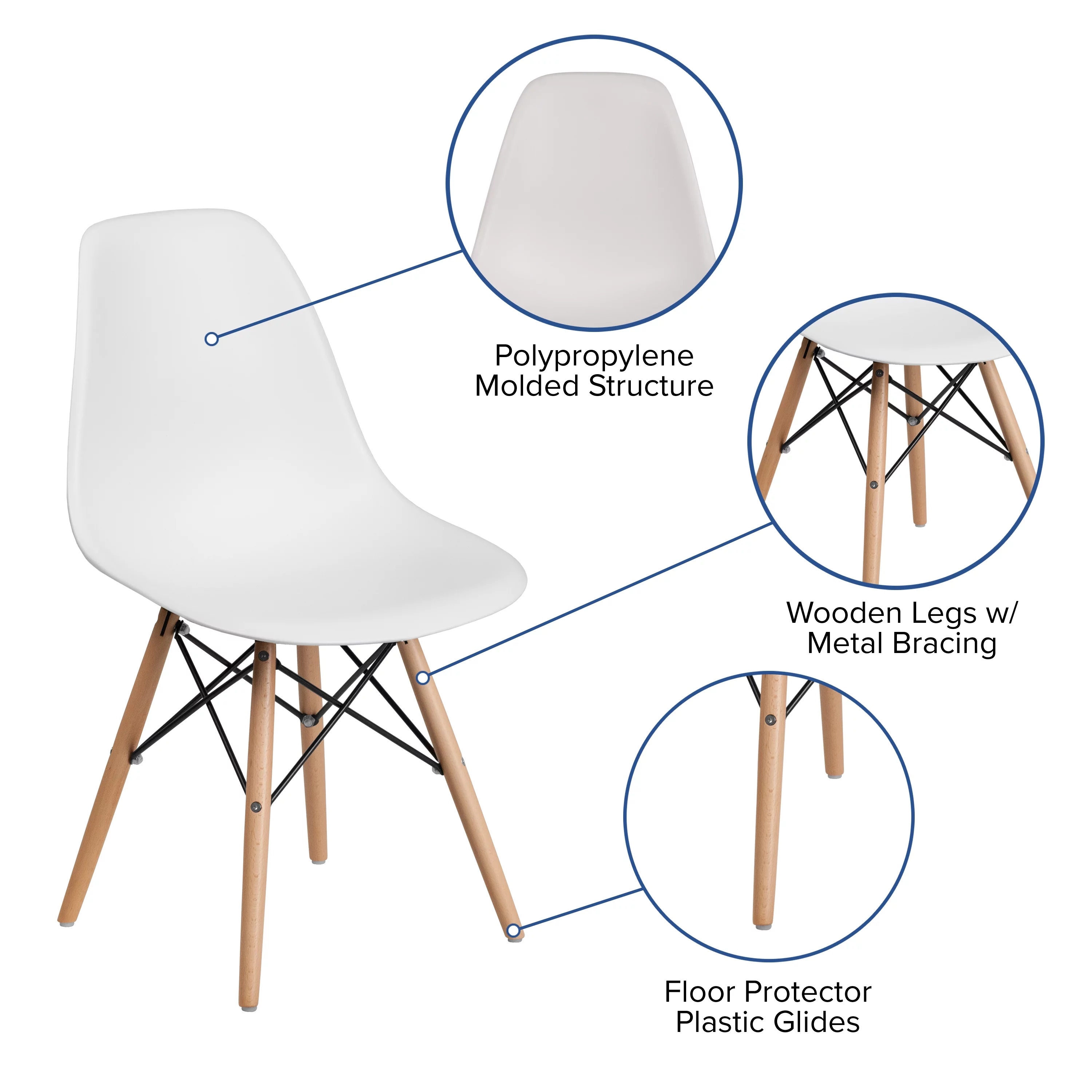 BizChair 2 Pack White Plastic Chair with Wooden Legs