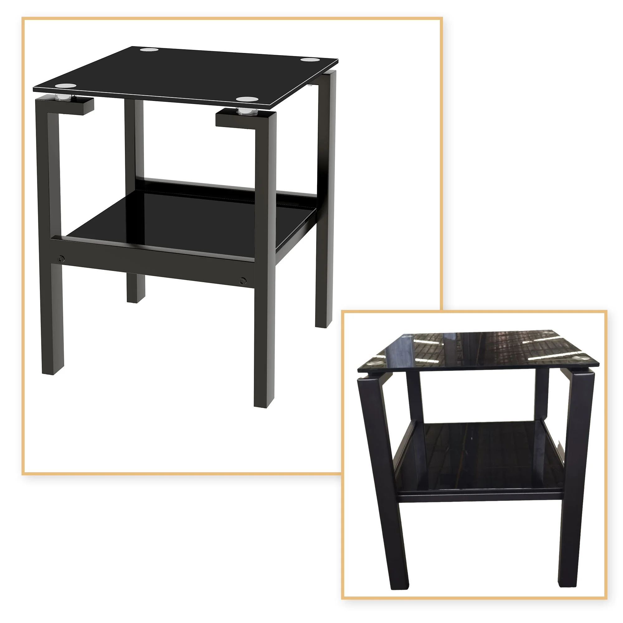 Modern Concise Floor-standing Glass End Table with Metal Legs, Black Glass Table Top and An Open Shelf for Bedroom, Living Room, Black