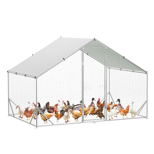 Large Metal Chicken Coop with Run,9.8X6.5X6.5FT Walk in Poultry Cage Chicken Run Pen with Waterproof & Anti-Ultraviolet Cover,Ideal for Ducks, Geese, and Rabbits Farm Use Peaked Roof Double Doors